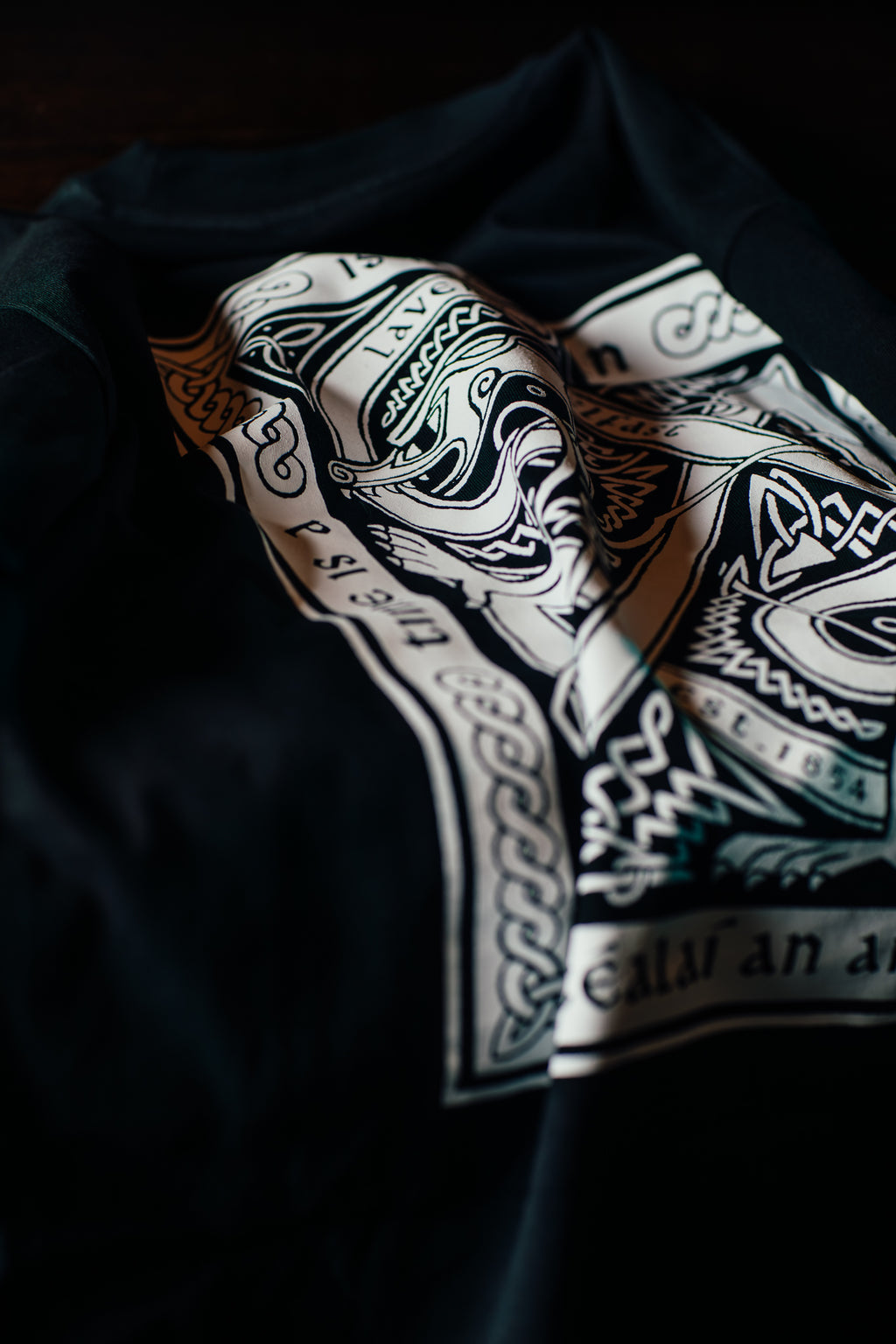 Close-up of a patterned t-shirt with intricate designs on a dark background