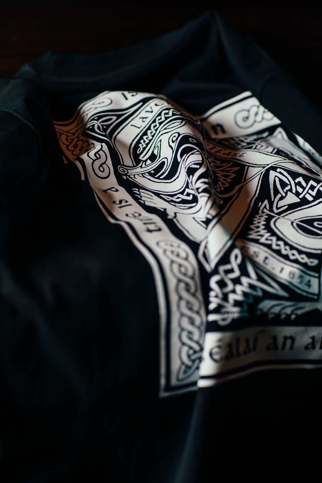 Close-up of a patterned t-shirt with intricate designs on a dark background
