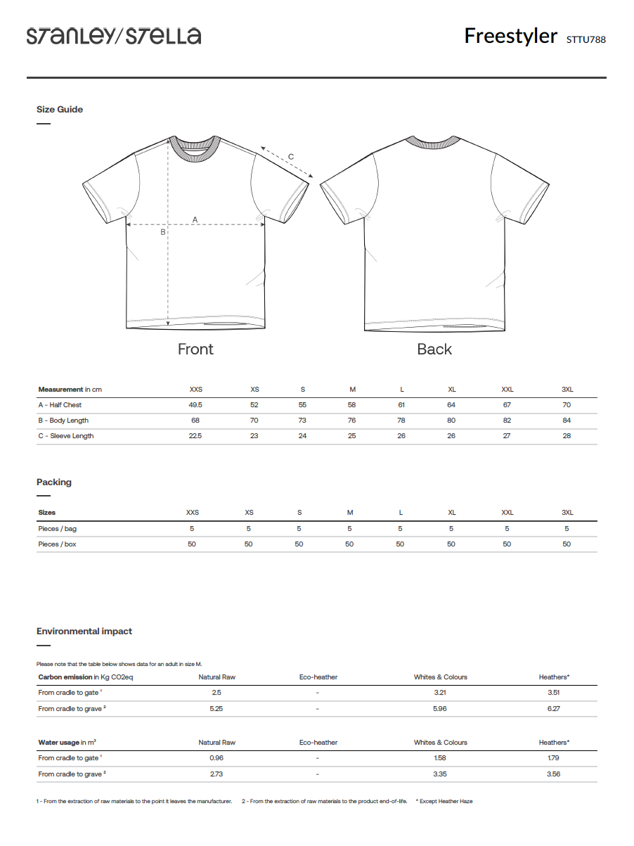 Stanley Stella Freestyler t-shirt size guide with front and back views.